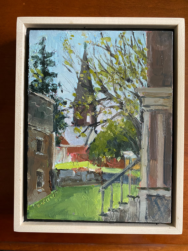 painting by artist Sarah Baptist  urban landscape artist of church steeple in distance. Spring blooms in foreground.
