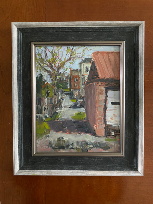 painting by artist Sarah Baptist, urban landscape artist love painting alleyways like this one which won 4th place prize in a quick draw competition
