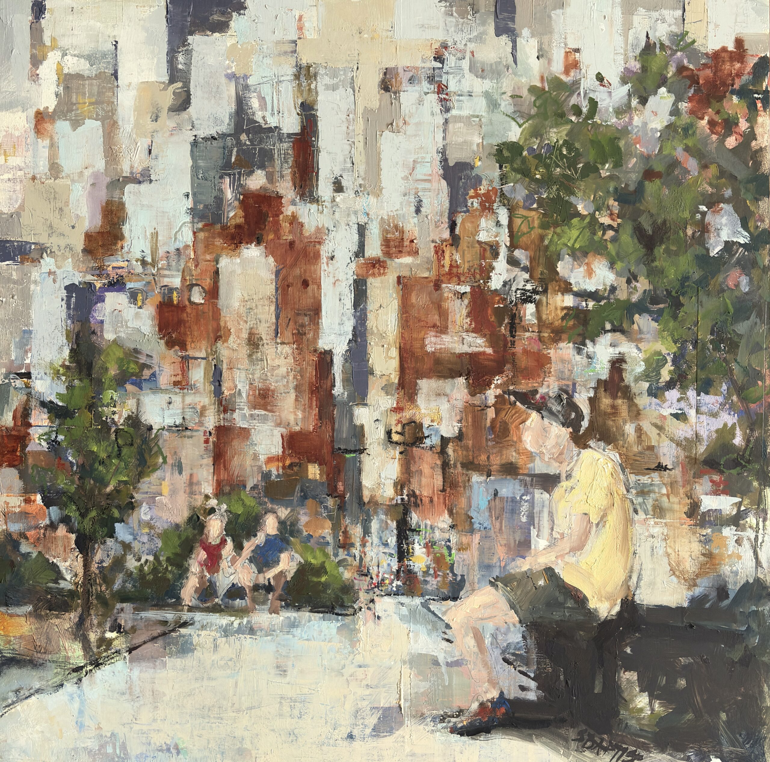 Time Out-sarah Baptist-urban landscape artist-oil painting (5) large urban landscape-studio painting-Sarah Baptist