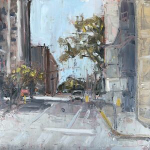 plein air painting of city street scene by artist Sarah Baptist