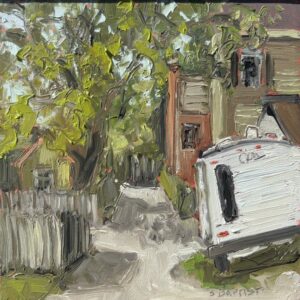 small painting of alleyway with a parked rv. expressive painting style of sarah baptist-urban plein air painter