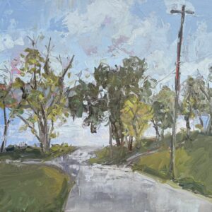 two trees just touch to make an arbor passage to the waterway. sarah Baptist Art