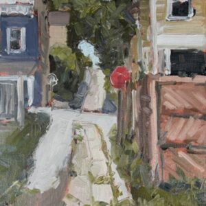 narrow passage between two houses painted by artist sarah Baptist whi was attracted by the little piese of sky at the top of the alley-passage.
