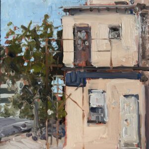 urban landscape plein air painting of a apartment building, tree and sky done in impressionistic style by Sarah Baptist, urban landscaple artist