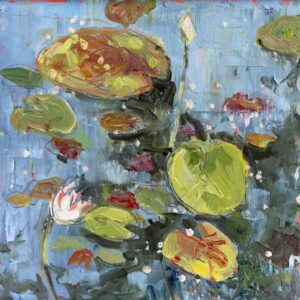 plein air painting of lily pads. The water is very blue and the lilly pads are vibrantly painting by artist Sarah Baptist