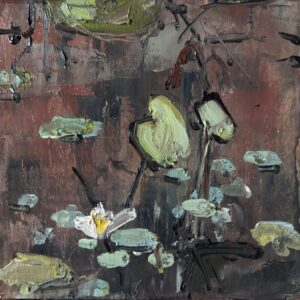 small study of lily pond in reds by artist sarah Baptist