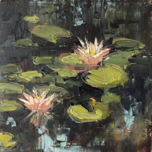 two pink lotus flowers floating among lily pads. An up close painting by sarah baptist in oil done on location