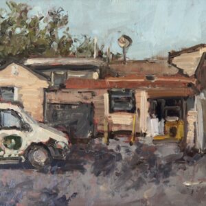 painting of the back of claymont steak shop by Sarah baptist