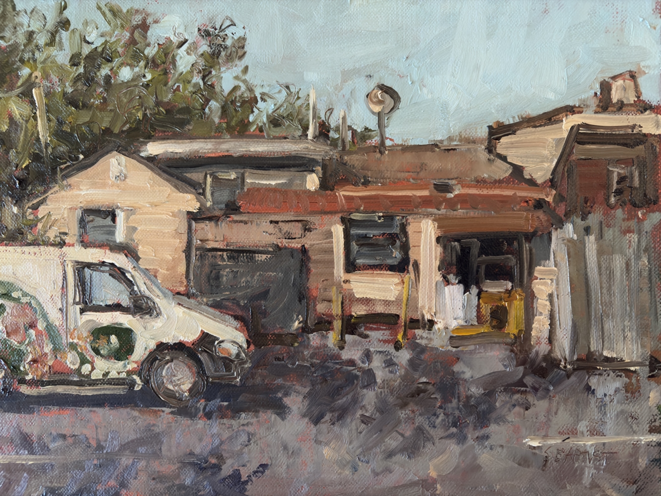 painting of the back of claymont steak shop by Sarah baptist