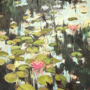 large painting of lily pond by artist sarah baptist